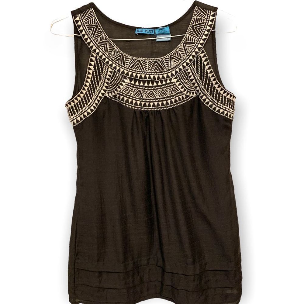 Blue Plate Black White Embroidered  Sleeveless Top L (A-153)